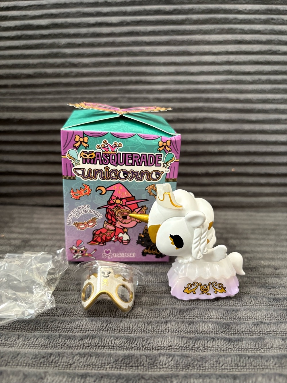 tokidoki Masquerade Unicorno Figure in White & Gold with Pink Box